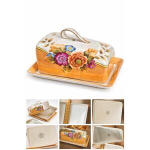 Vintage Japanese Lusterware Floral Butter Dish w/ Lid & Tray Made in Japan